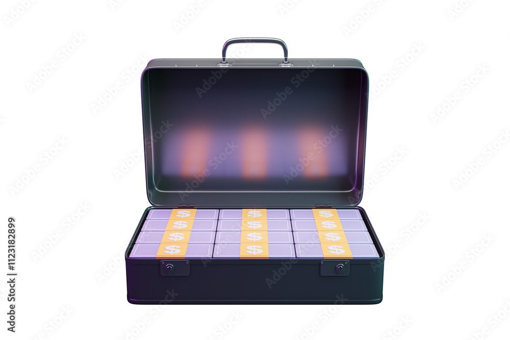 Poster open suitcase filled with stacks of dollar-marked bundles, isolated on white background, clean desig