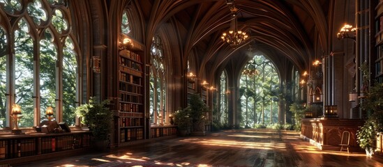 Obraz premium Mesmerizing interior of a grand library located within the walls of a magnificent medieval castle featuring ornate gothic architecture towering bookshelves glowing chandeliers and a cozy