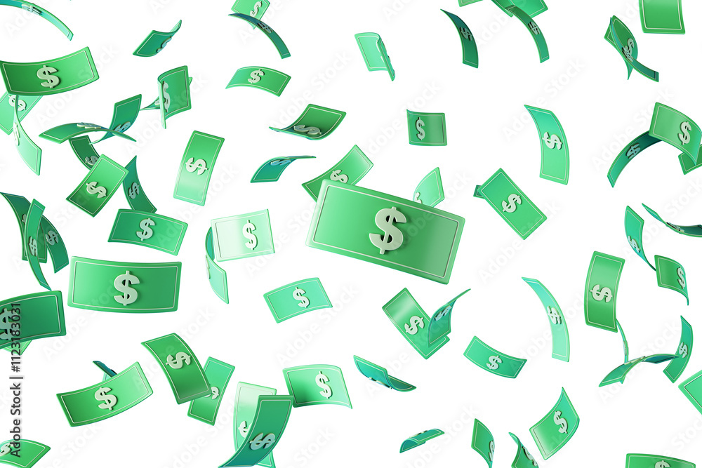 Aufkleber green dollar bills with dollar symbols floating in midair, isolated on a clean white background, cre