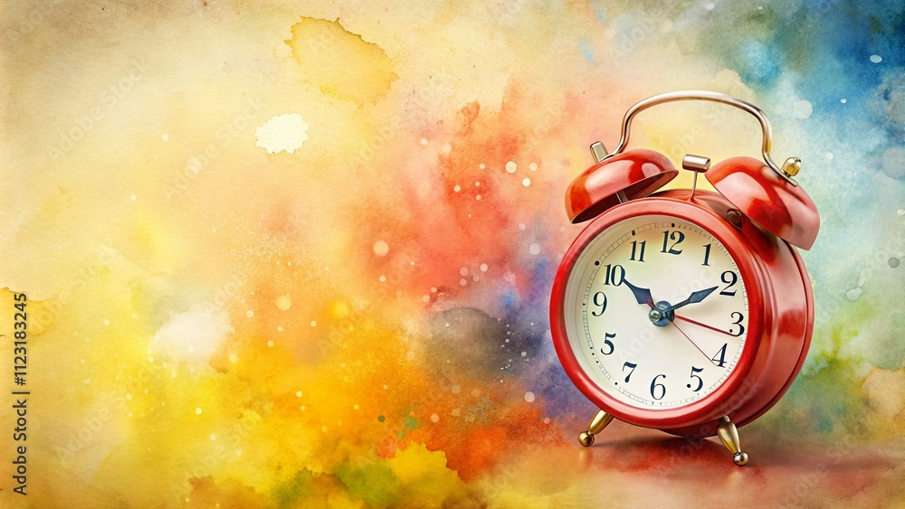 Poster whimsical crazy red alarm clock in watercolor with ample copy space for creative projects and design
