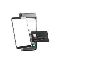 Smartphone, POS terminal, and credit card shown in closeup on white background. Clean and isolated...