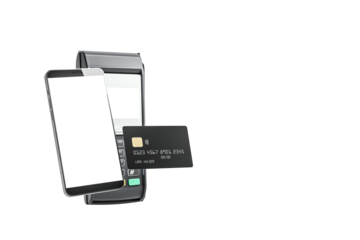 Smartphone, POS terminal, and credit card shown in closeup on white background. Clean and isolated design layout for modern payment solutions. 3D Rendering.
