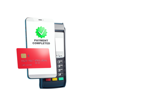 Smartphone with Payment Completed screen, red credit card, and a payment terminal on an isolated white background. Concept of mobile payment. 3D Rendering.