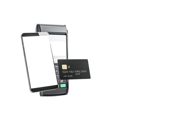 Smartphone, POS terminal, and credit card shown in closeup on white background. Clean and isolated design layout for modern payment solutions. 3D Rendering.