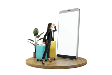 Businesswoman with suitcases and tablet standing on a wooden platform near a large smartphone screen. White background, travel concept
