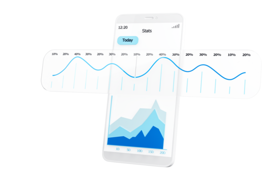 Smartphone showcasing financial data and graphs with blue trends, icons, and percentages, isolated on white background, concept of trading. 3D Rendering.