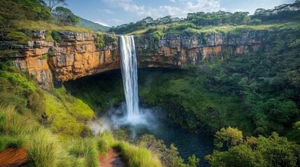Majestic Waterfall Cascading Down Rugged Cliff Surrounded by Nature