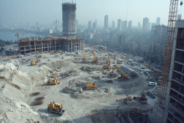 Construction site development in a bustling urban area with machinery and skyscrapers in the background