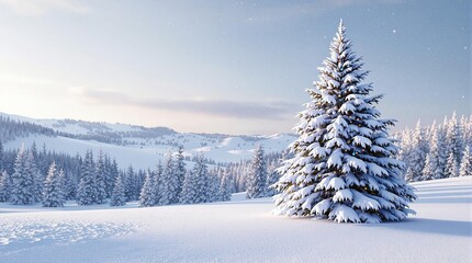 Obraz premium A traditional Christmas tree covered in snow against a winter landscape, decorations, pine tree