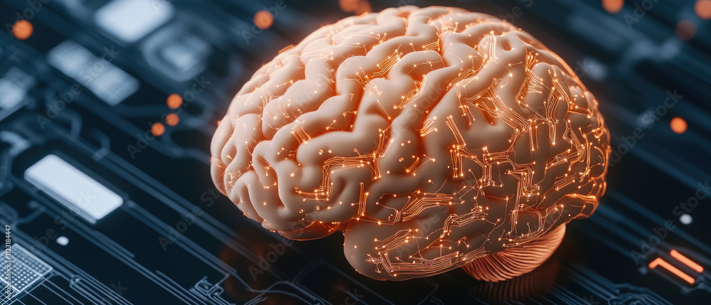 Poster futuristic brain visualization, glowing neural networks, intersection of technology, artificial inte