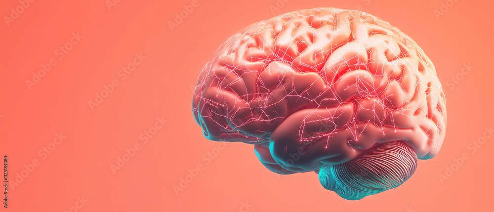 Poster futuristic brain visualization, glowing neural networks, merging technology, artificial intelligence