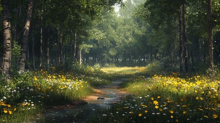 Serene Forest Pathway Surrounded by Colorful Wildflowers and Trees