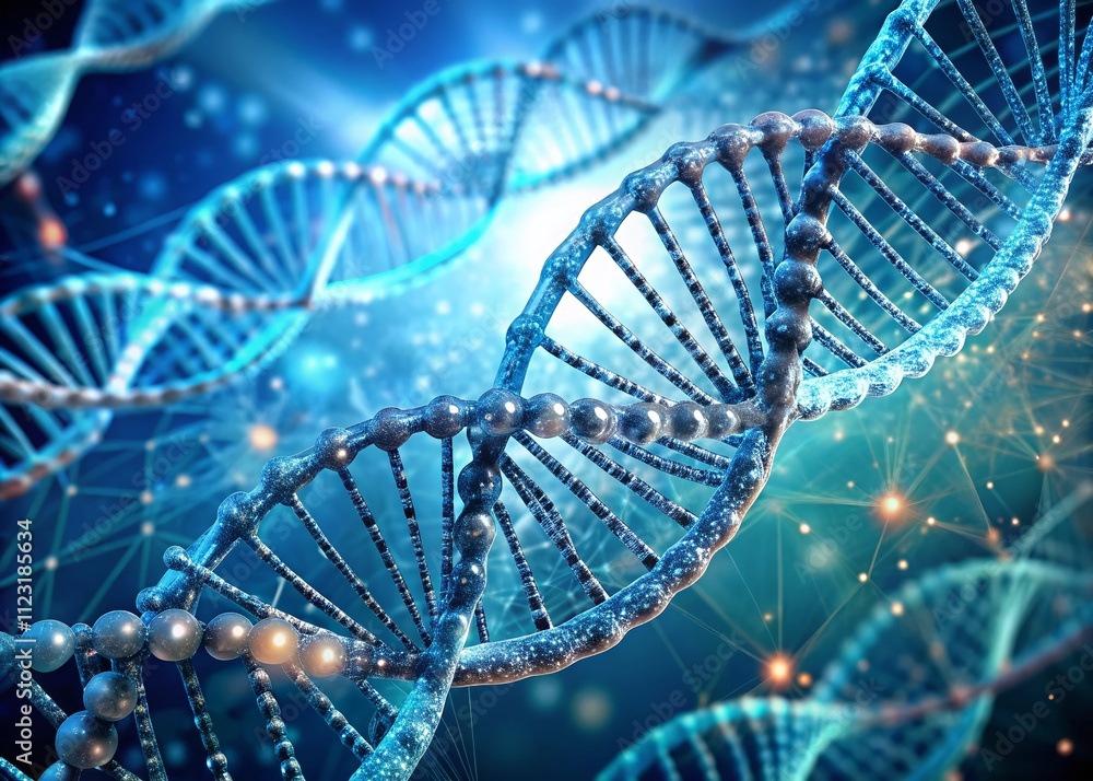 Poster wireframe dna molecules structure mesh on soft blue background illustrating science and technology c
