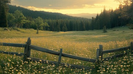 Fototapeta premium Tranquil Meadow at Sunset with Wooden Fence and Wildflowers