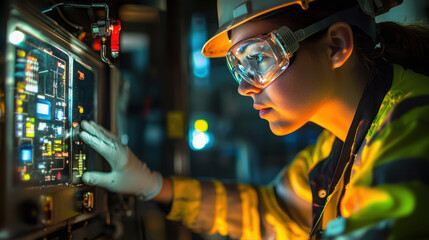 Focused technician in safety gear working on control panel, showcasing precision and expertise in high tech environment