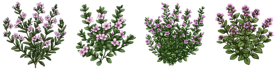 Obraz premium Closeup of a lush flowering thyme bush in an aromatic herb garden The tiny purple flowers and green leaves of the thyme plant create a beautiful natural and fragrant design element