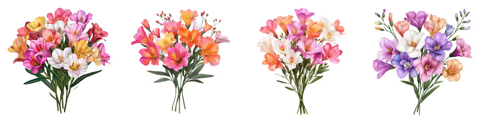 Naklejka premium Stunning Multicolored Freesia Bouquet with Vibrant Fragrant Flowers Blooming in a Natural Botanical Setting Elegant Floral Arrangement for Spring or Summer Garden Design