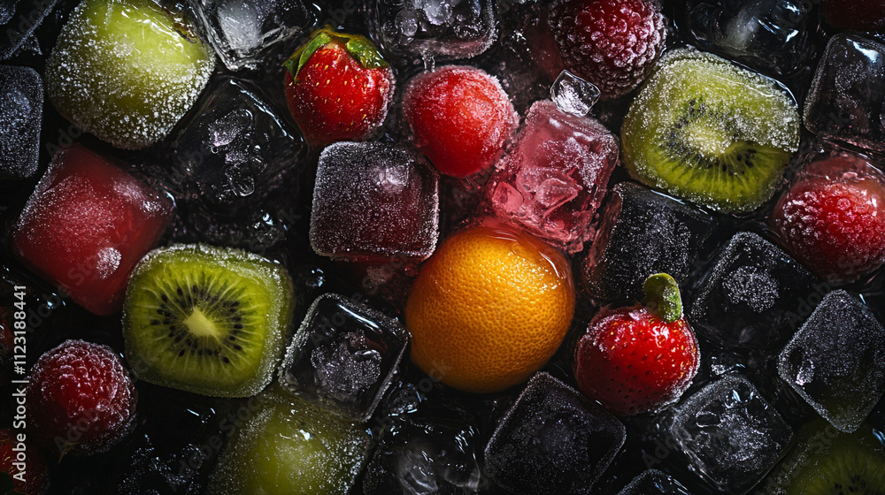 Poster colorful fruits and ice cubes create a refreshing summer delight in a close-up setting