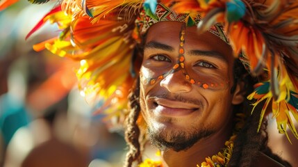 Close-up portrait of a smiling man with vibrant headdress and face paint.