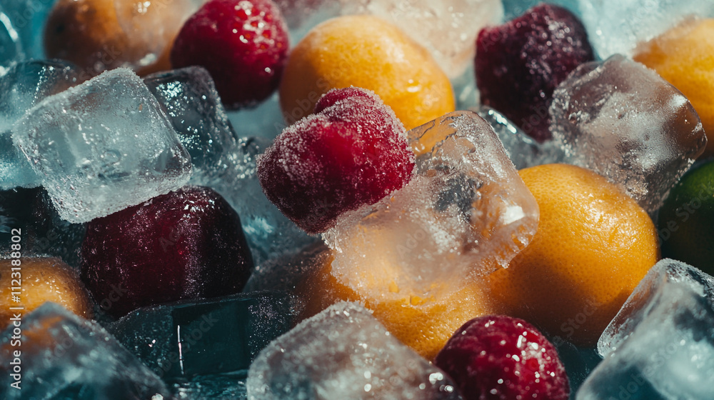 Poster fresh fruits and ice cubes create a colorful and refreshing summer display