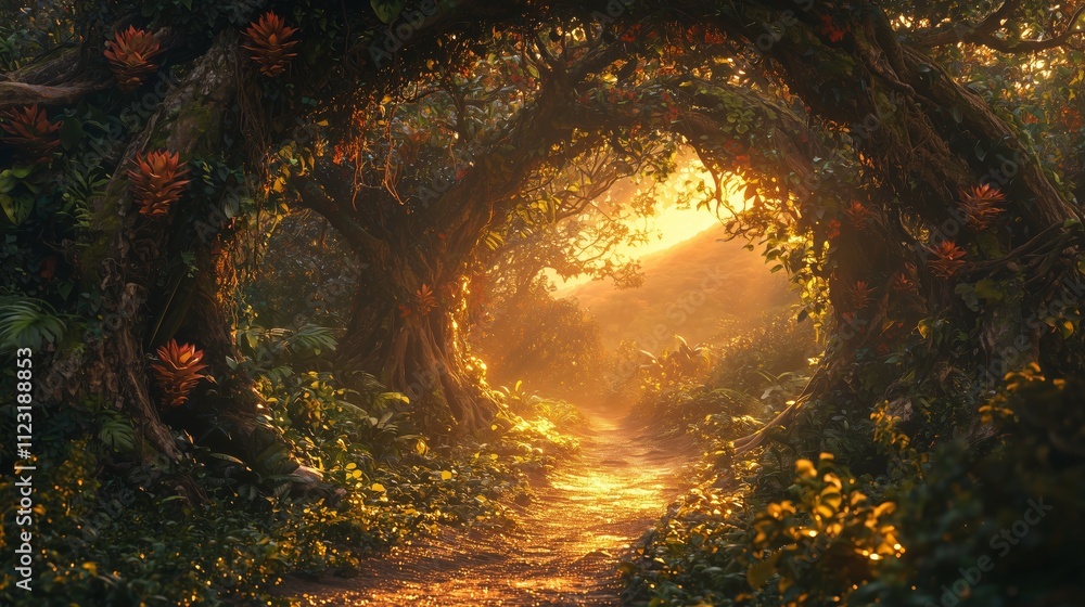 Poster enchanted forest pathway with sunlight filtering through trees
