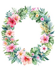 Obraz premium Beautiful watercolor wreath illustration of tropical foliage and colorful floral elements, colorful, tropical, wreath, isolated, floral