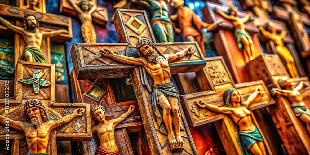 Poster closeup of multiple ancient wooden crucifixes showcasing intricate details and textures under natura