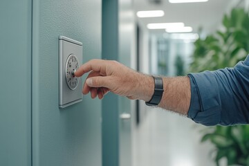 Hand adjusting dial of a secure safe in modern office hallway during business hours