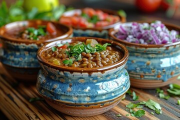 Hearty Lentil Stew in Rustic Ceramic Bowls