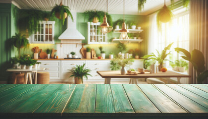 Obraz premium a table with a green table and chairs and a window with a view of the kitchen