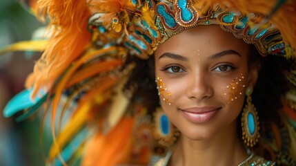 Obraz premium Close-up portrait of a smiling young woman wearing a vibrant headdress.