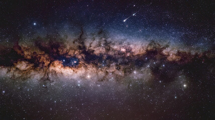 Fototapeta premium Breathtaking View of Night Sky Dominated by Dense Star Cluster, Luminous Band Stretched Across, Countless Stars Shining Brightly Highlighting Vastness, Patterns, and Colors of the Galaxy