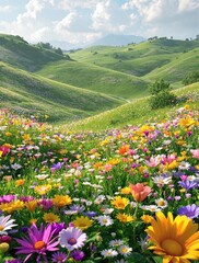 Obraz premium Beautiful wildflowers covering a vast green meadow, nature, beautiful, meadow, green