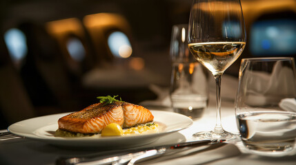 Gourmet salmon dish served with white wine in elegant setting, perfect for fine dining