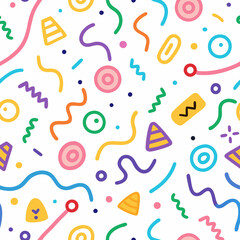 Fototapeta premium Colorful abstract seamless pattern with geometric shapes and wavy lines on white background.
