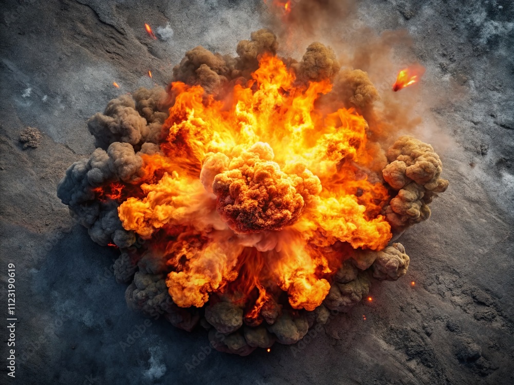 Poster closeup view of a realistic fire explosion from above capturing the intensity and vibrancy of flames