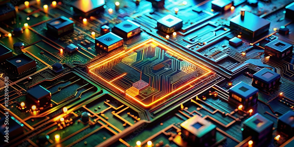 Poster closeup view of an abstract digital circuit board with geometric shapes and shadows in low light, hi