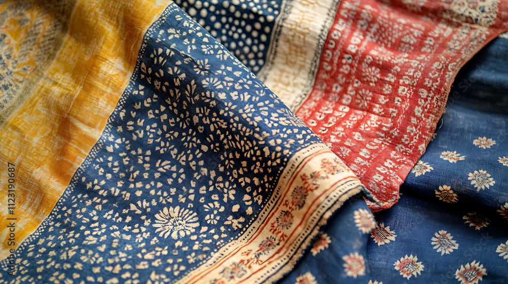 Poster vibrant indian block print fabric showcasing intricate patterns in cotton and linen. perfect for add