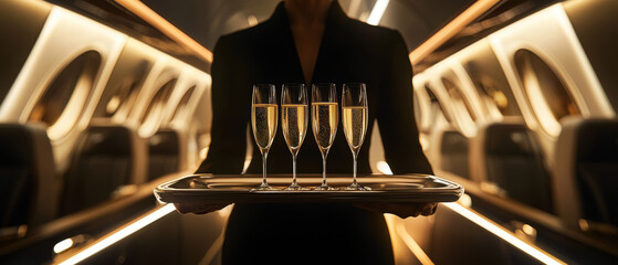 Luxurious interior of private jet with flight attendant serving champagne