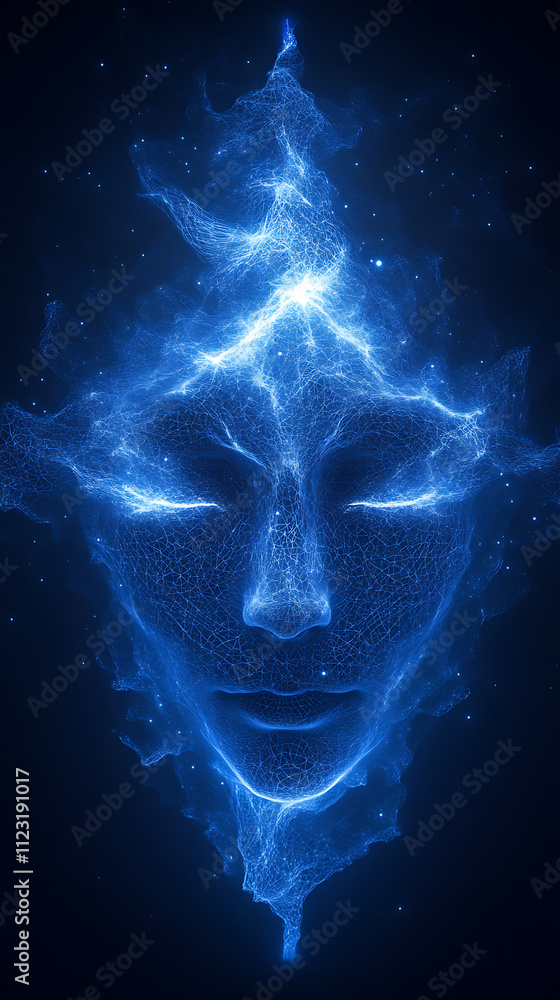 Poster mesmerizing blue abstract face formed by glowing lines and patterns, evoking sense of mystery and de