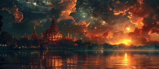 Fototapeta premium Dramatic apocalyptic fantasy landscape with a fiery celestial disaster unfolding over a mystical lakeside cityscape featuring a burning castle and its glowing reflection in the water below