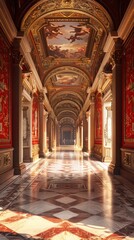 Obraz premium Stunning and ornate Baroque style palace interior hallway showcasing an exquisitely decorated and lavishly embellished architectural space with intricate gilded carvings ornaments