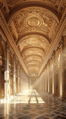 Majestic Gilded Baroque Palace Hall with Ornate Ceiling Chandelier and Symmetrical Marble Columns   Elegant Historical Architecture Interior
