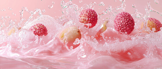 Fototapeta premium Juicy lychees splashing in pink water create refreshing scene
