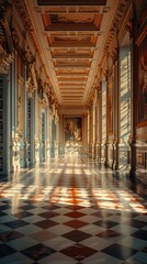 Fototapeta premium Breathtaking interior of an opulent Baroque style palace featuring an ornate gallery with high ceilings intricate architectural details and stunning decorative elements
