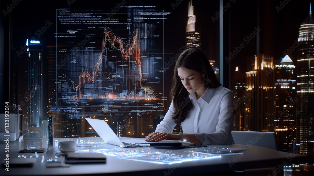 Fototapete financial analyst working late at night, focused on data analysis with graphs and charts displayed o