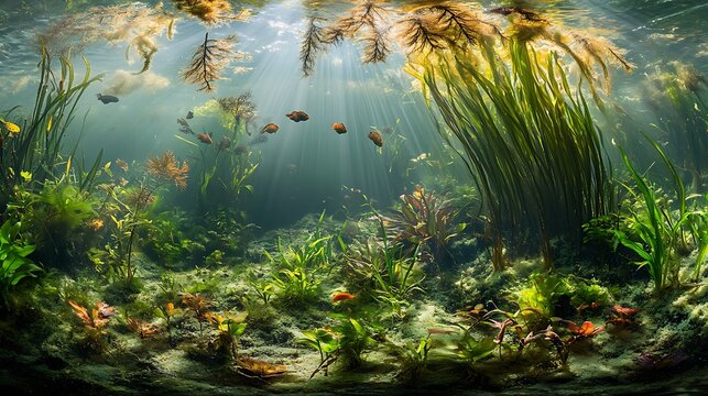 An underwater shot of freshwater aquatic plants, such as eelgrass and pondweeds, growing along the lakebed