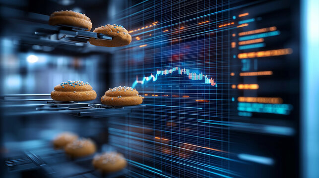 Delicious cookies on futuristic display with data visualization, showcasing blend of culinary art and technology. vibrant colors and intricate details create engaging atmosphere - Powered by Adobe