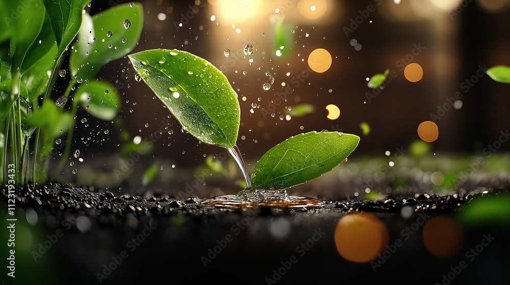 Poster high resolution macro image of green plant leaves with water droplets, showcasing nature beauty and 