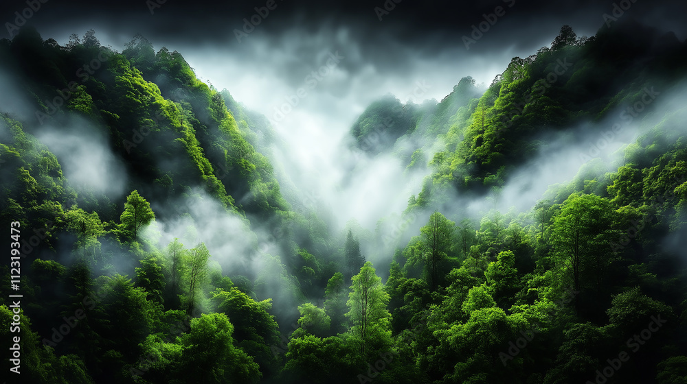 Aufkleber serene forest landscape with lush green trees and misty fog enveloping mountains, creating tranquil 